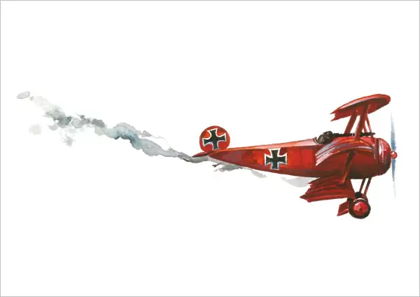 Illustration of Manfred von Richthofens bright red Fokker Dr. I triplane falling from sky
