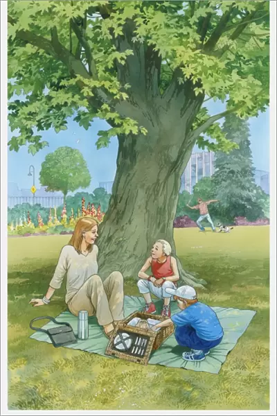 Illustration of woman and two children sitting on picnic blanket in urban park