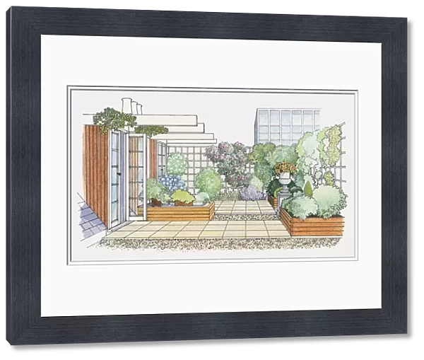 Illustration of a roof garden with water feature, raised flowerbeds, and trellises
