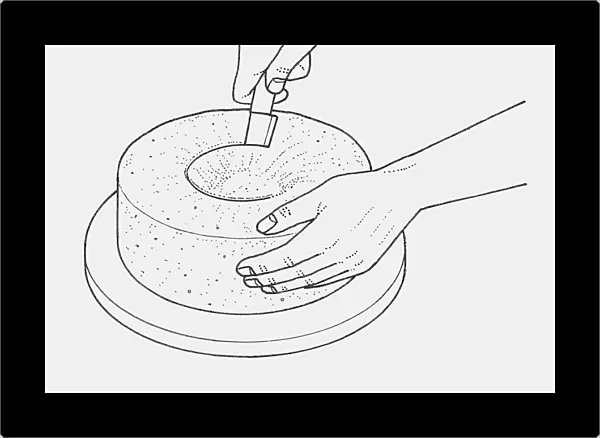 Black and white illustration of using knife to remove centre of cake