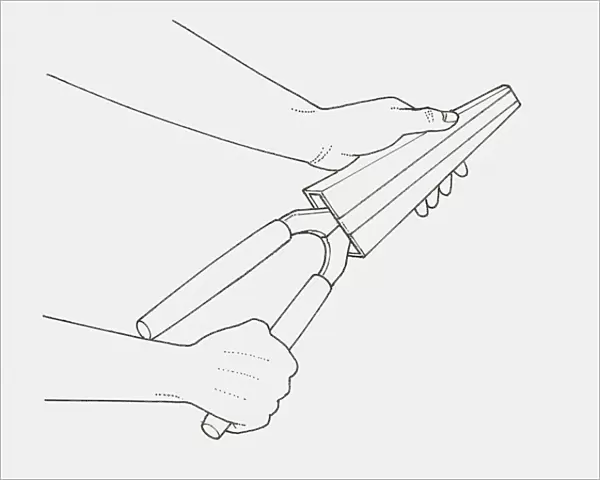 Black and white illustration of hands putting garden shears in protective case