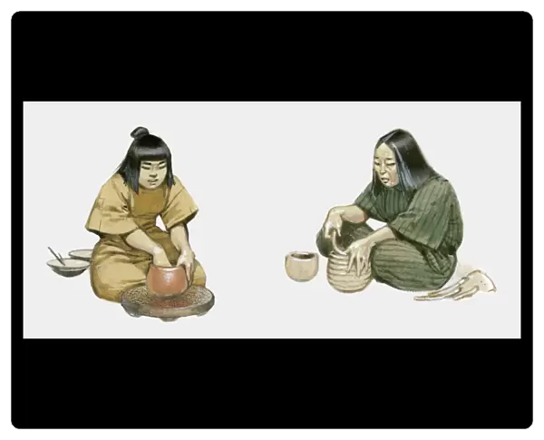 Japanese potters demonstrating pinching and coiling methods