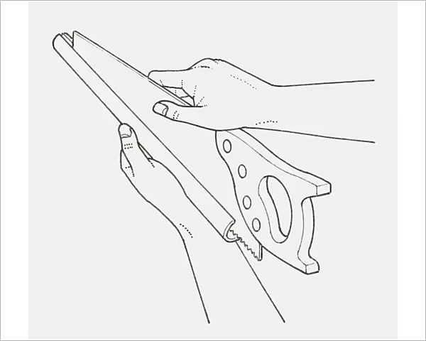 Black and white illustration of hand placing saw in protective cover