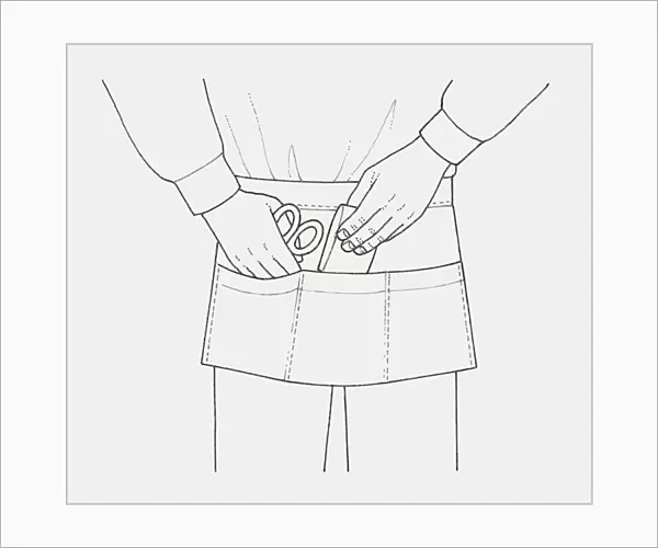 Black and white illustration of an apron with pockets, holding small items like scissors