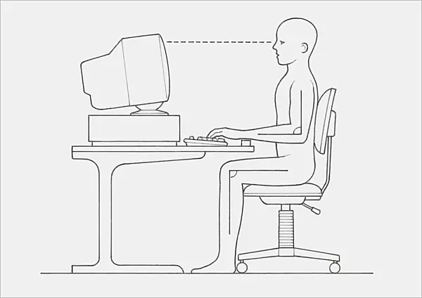Black and white illustration of office worker positioned at computer with back straight and wrists and feet supported, side view