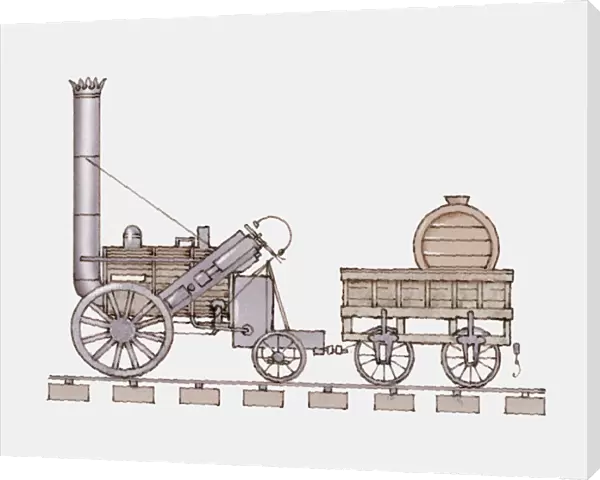 Illustration of Stephensons Rocket on railway track