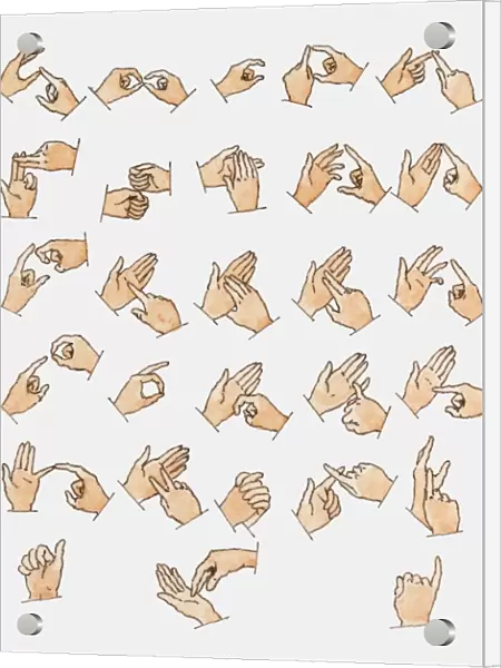 Illustration showing 26 sign language hand signals representing letters of the alphabet