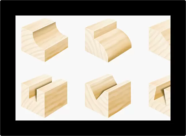 Sections of wood cut into different shapes with groove and edge cutters