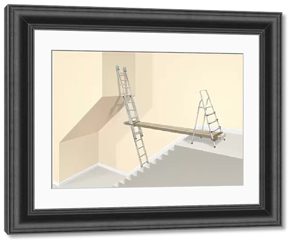 Ladders in stairwell connected by a board