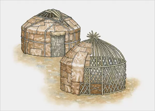 Illustration of two yurts, one showing construction frame