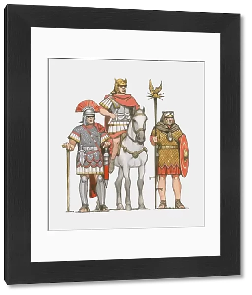 Illustration of three ranks of Roman soldier, Centurion, Legate on horseback, and Standard Bearer
