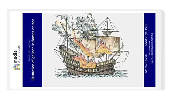 Illustration of galleon in flames on sea