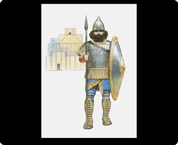 Illustration of Assyrian soldier holding spear and shield in front of building