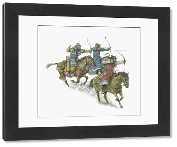 Illustration of Mongol soldiers on horseback shooting arrows