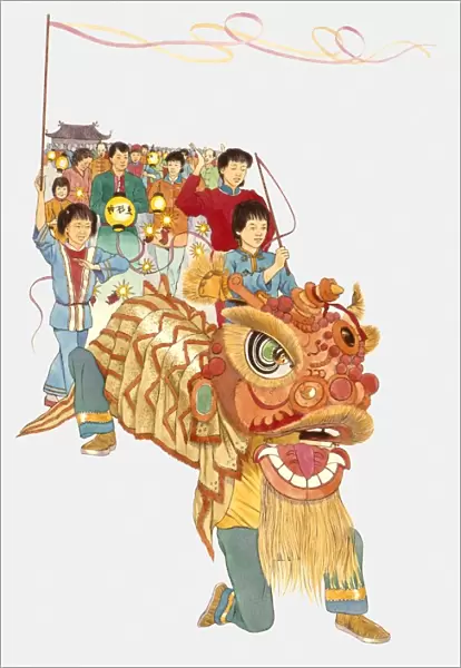 Illustration of people celebrating Chinese New Year with Chinese dragon, lanterns and flags