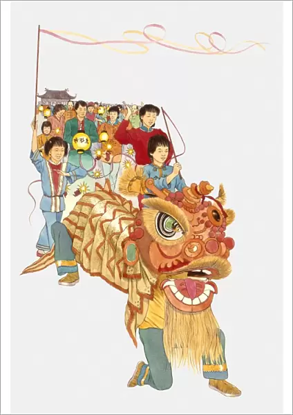 Illustration of people celebrating Chinese New Year with Chinese dragon, lanterns and flags