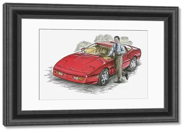 Illustration of man polishing red sports car