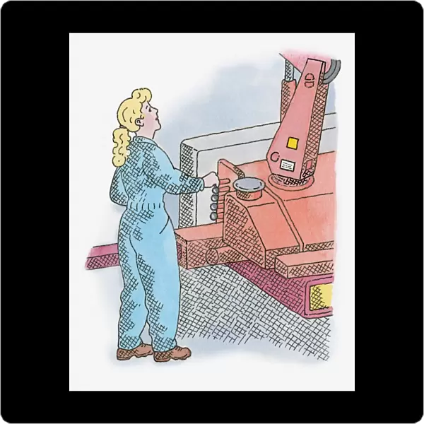 Illustration of of young women operating unloading crane