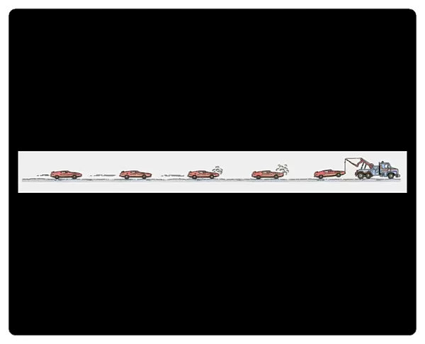 Sequence of illustrations of car breaking down and towed away by truck