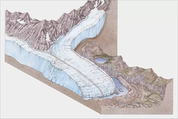Cross section illustration of valley glacier in mountains