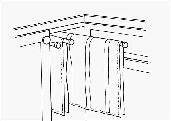 Black and white illustration of tea towels on rail in cupboard