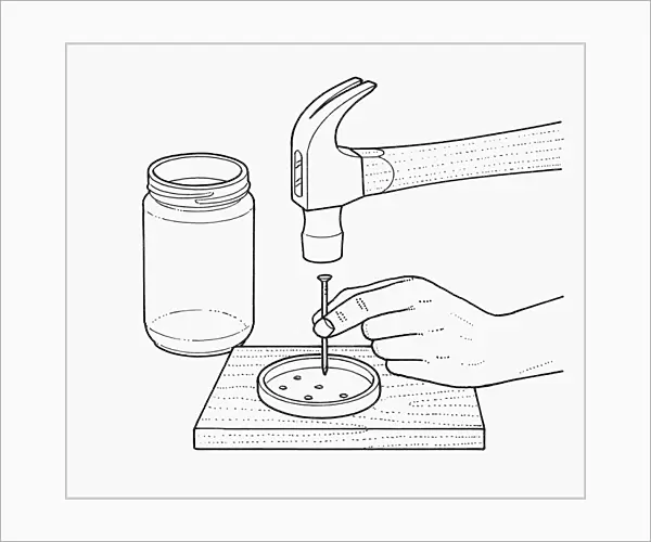 Black and white illustration of making holes in metal lid using hammer and nail