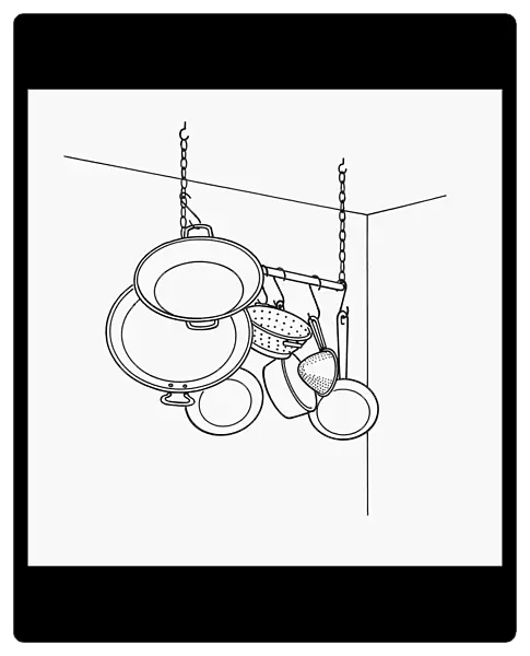 Black and white illustration pans hanging from pan rack