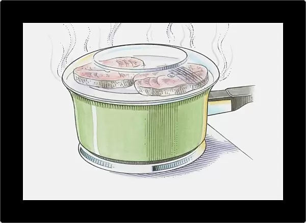 Illustration showing salmon steaks steaming in saucepan with glass lid on top