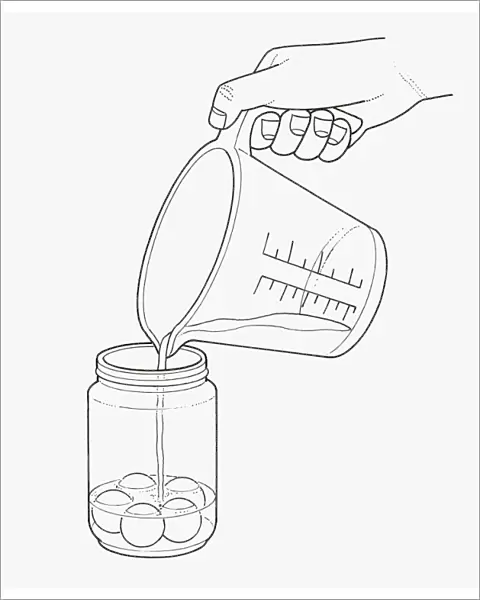 Black and white illustration of pouring water on putty balls in jar