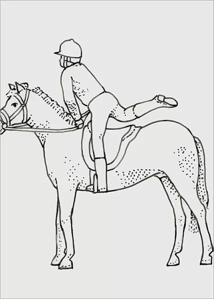 Black and white illustration of child swinging leg over back of horse