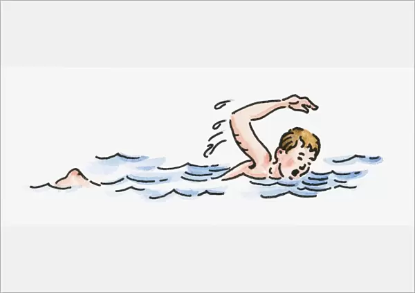Digital illustration of boy swimming front crawl in sea