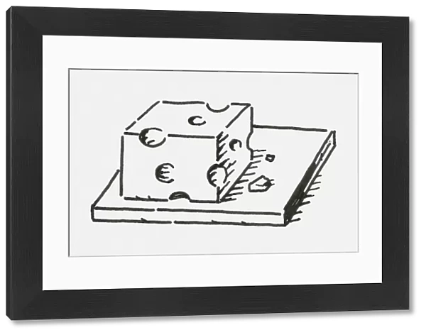Black and white digital illustration of Emmental cheese on chopping board