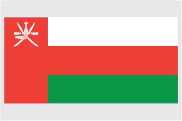 Illustration of national flag of Oman, with three white, green, and red stripes on field and red bar bearing national emblem of Oman