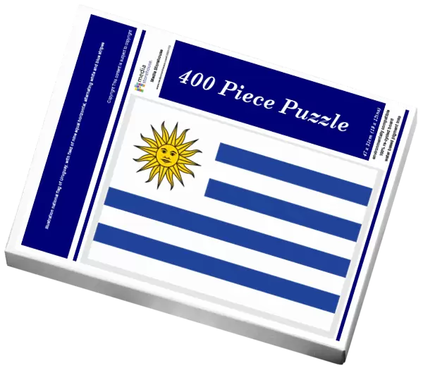 Illustration national flag of Uruguay, with field of nine equal horizontal, alternating white and blue stripes, Sun of May at hoist