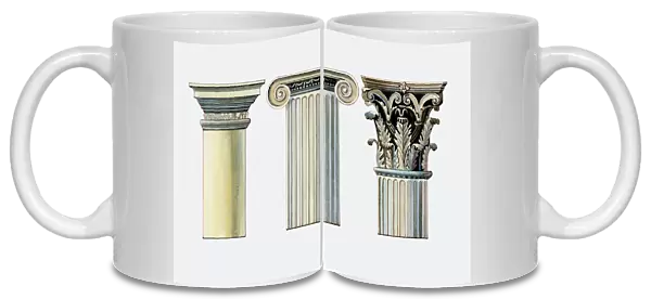 Illustration of Doric, Ionic and Corinthian column capitals