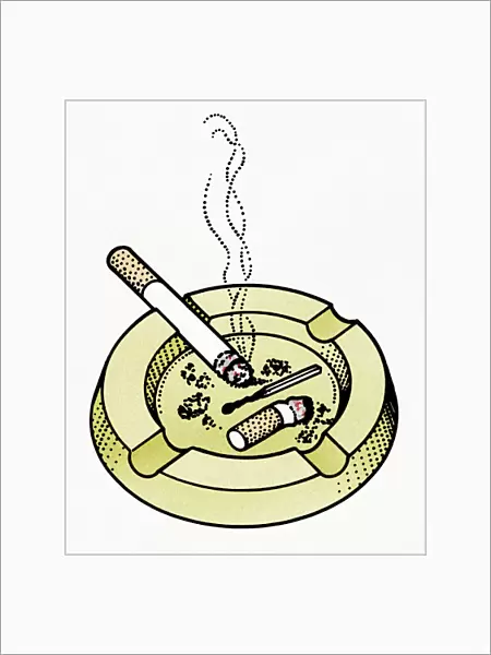 Illustration of lit burning cigarette in ashtray