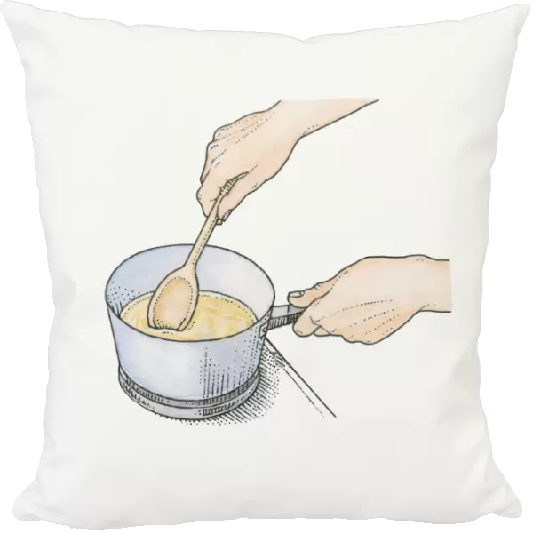 Illustration showing melted wax being stirred in pan using wooden spoon to create a DIY tile sealant