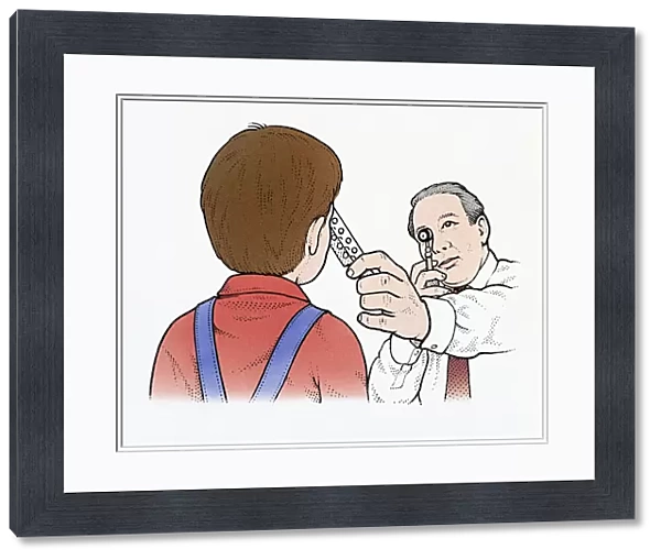 Illustration of optician looking at boys eye through ophthalmoscope