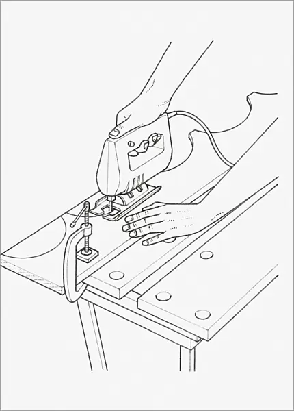 Black and white illustration of man using jig saw to cut shapes in wood