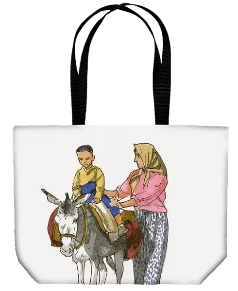 Illustration of woman walking with child riding donkey in Western Anatolia