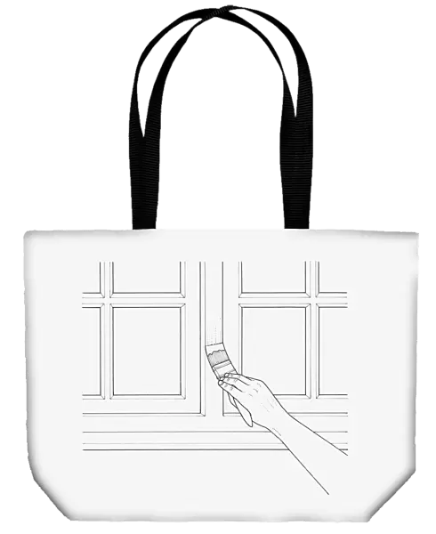 Black and white illustration showing hand holding paintbrush applying paint to window frame