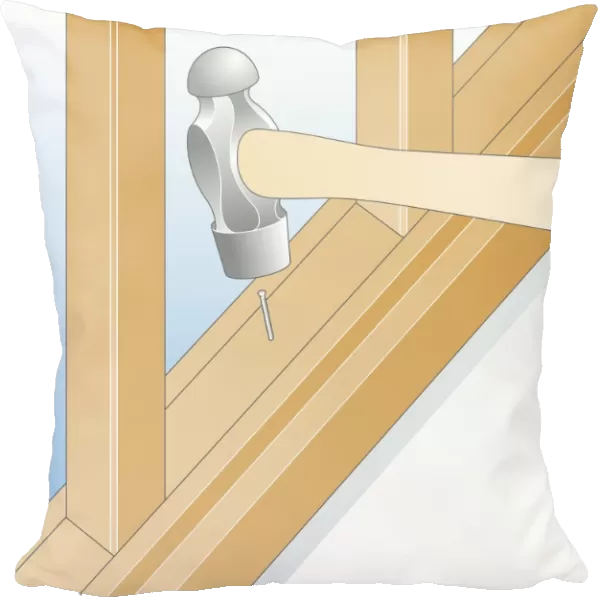Digital illustration of using hammer to nail spacer in place between balusters