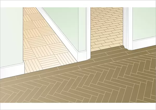 Digital illustration of basketweave, stretcher, and herringbone wood block laying patterns