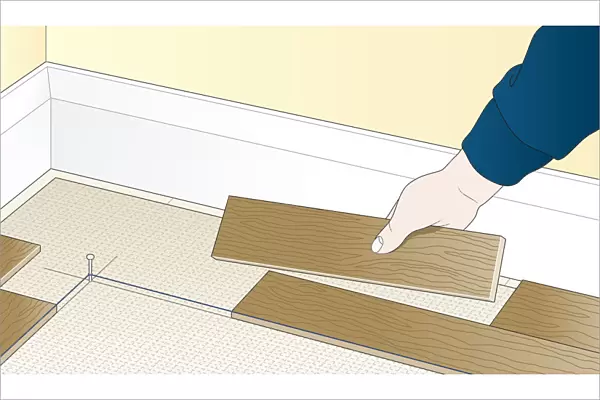 Digital illustration showing how to lay wooden floor blocks in herringbone pattern
