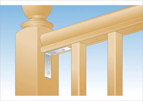 Digital illustration loose handrail secured to newel post with metal bracket