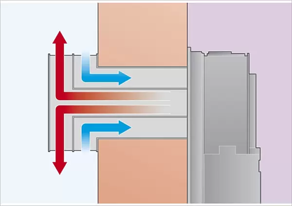 Cross section digital Illustration representing direction of gas fire fumes out, and air in, using flue on outside wall