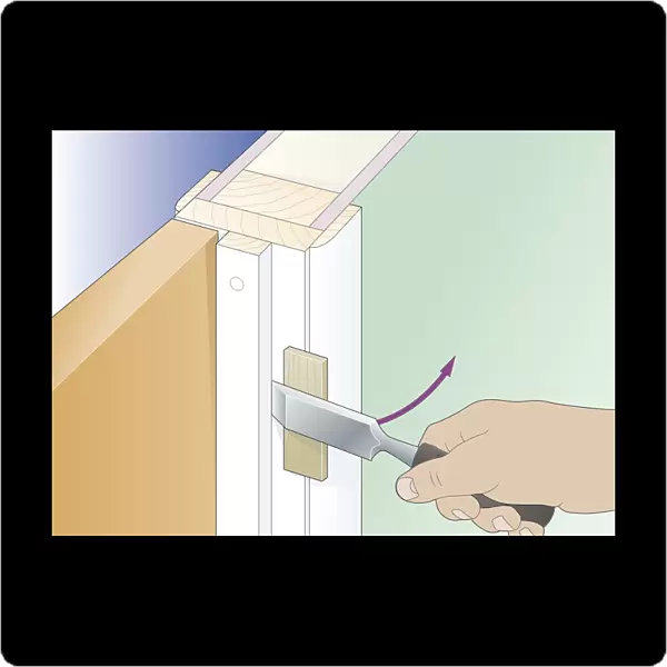 Digital illustration showing how to use chisel resting against offcut to prise doorstops off from warped door