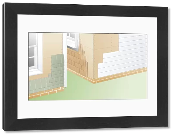 Digital illustration of slate tiles, wood shingles, and white clapboard fixed to vapour barrier of building paper and battens on outside walls of house