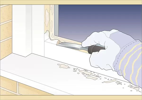 Digital illustration using chisel to remove old putty from window frame