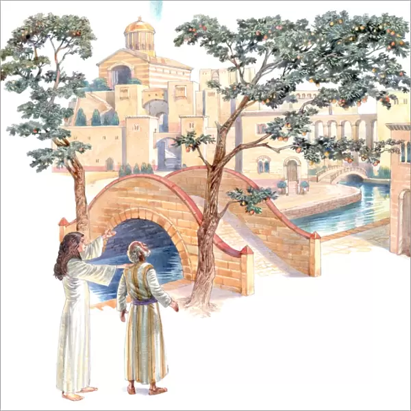Illustration of angel reveal holy city of Jerusalem to John in a vision as water of life flows below bridge and tree of life grows on its banks